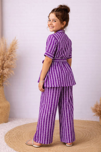 Girl's Purple Cotton Blend Printed Co-ord Set