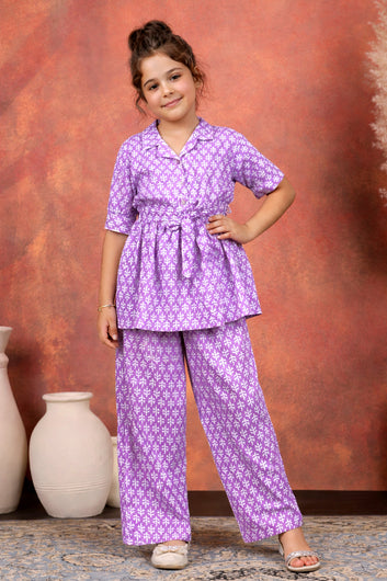 Girl's Purple Cotton Blend Printed Co-ord Set