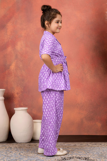Girl's Purple Cotton Blend Printed Co-ord Set