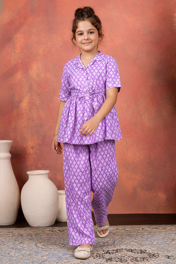 Girl's Purple Cotton Blend Printed Co-ord Set