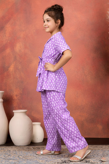 Girl's Purple Cotton Blend Printed Co-ord Set
