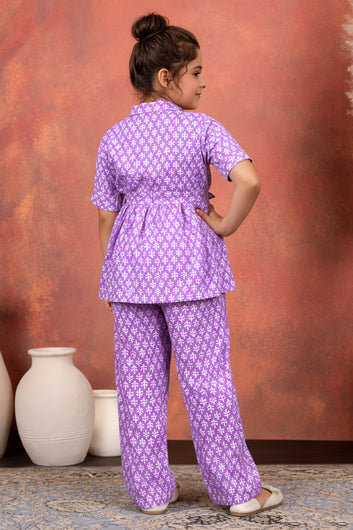 Girl's Purple Cotton Blend Printed Co-ord Set