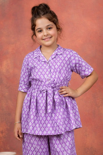 Girl's Purple Cotton Blend Printed Co-ord Set