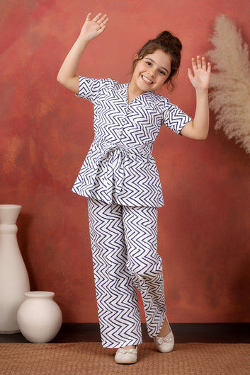 Girl's Blue Cotton Blend Printed Co-ord Set