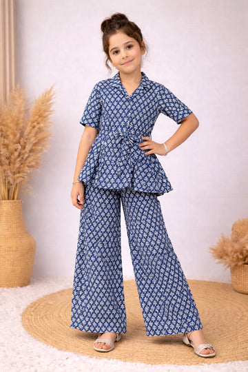 Girl's Blue Cotton Blend Printed Co-ord Set
