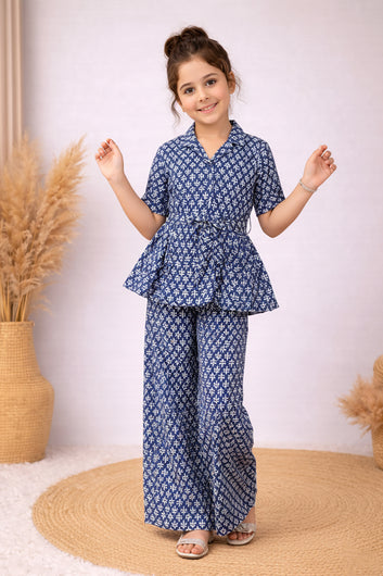 Girl's Blue Cotton Blend Printed Co-ord Set