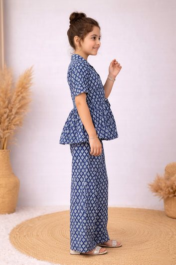 Girl's Blue Cotton Blend Printed Co-ord Set
