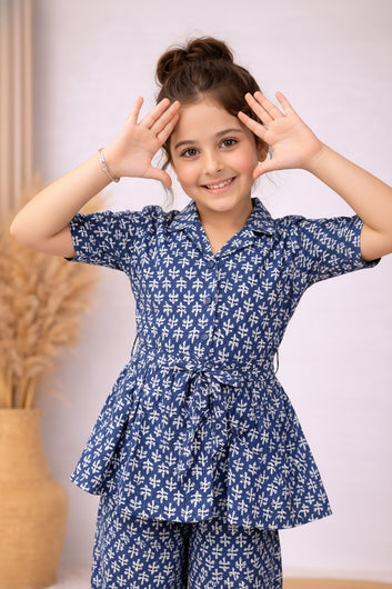 Girl's Blue Cotton Blend Printed Co-ord Set