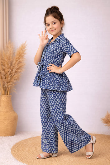 Girl's Blue Cotton Blend Printed Co-ord Set