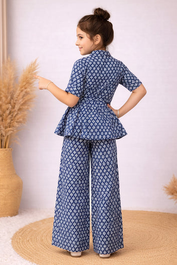 Girl's Blue Cotton Blend Printed Co-ord Set