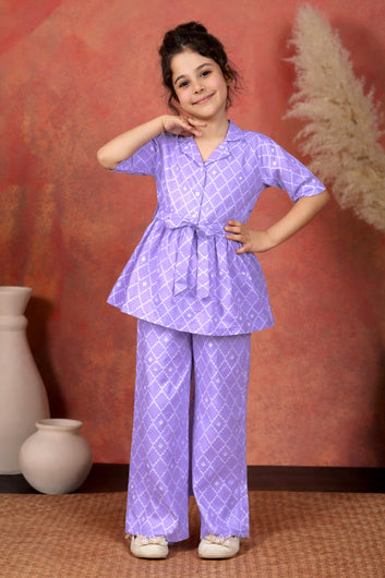 Girl's Purple Cotton Blend Printed Co-ord Set
