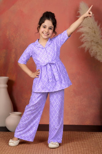 Girl's Purple Cotton Blend Printed Co-ord Set