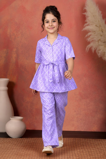 Girl's Purple Cotton Blend Printed Co-ord Set