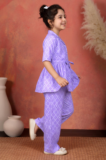 Girl's Purple Cotton Blend Printed Co-ord Set