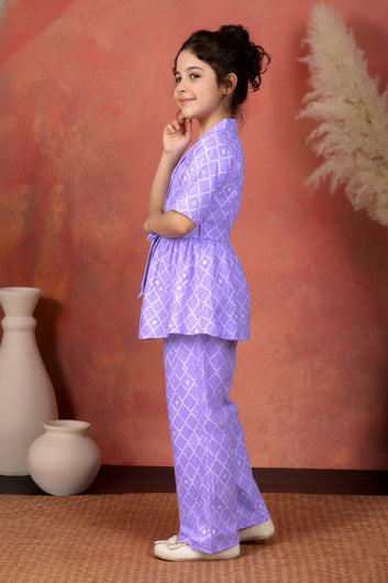 Girl's Purple Cotton Blend Printed Co-ord Set