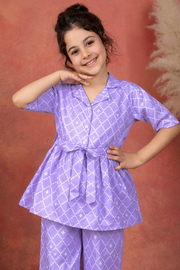 Girl's Purple Cotton Blend Printed Co-ord Set