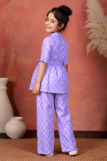 Girl's Purple Cotton Blend Printed Co-ord Set