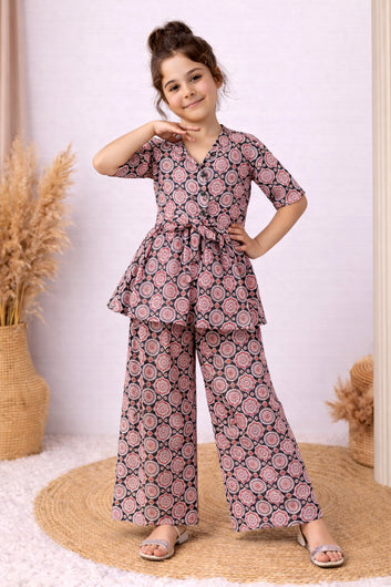 Girl's Black Cotton Blend Printed Co-ord Set