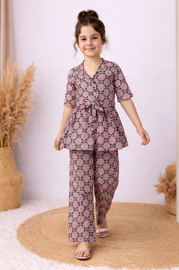 Girl's Black Cotton Blend Printed Co-ord Set