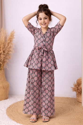 Girl's Black Cotton Blend Printed Co-ord Set