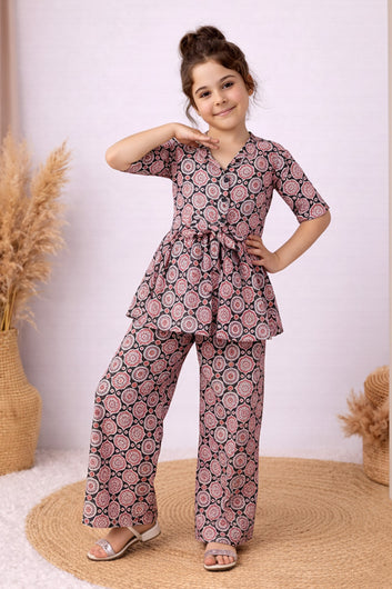 Girl's Black Cotton Blend Printed Co-ord Set