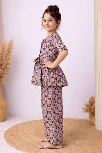 Girl's Black Cotton Blend Printed Co-ord Set