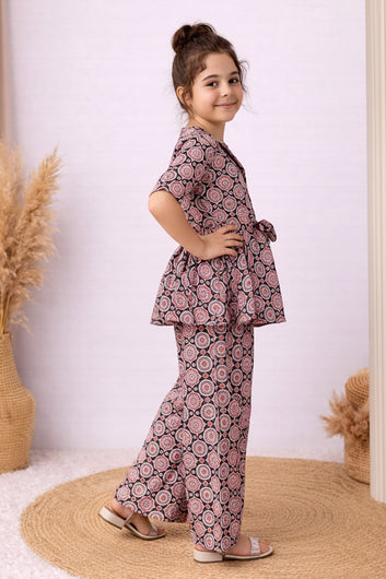 Girl's Black Cotton Blend Printed Co-ord Set