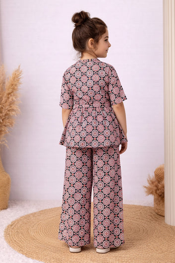 Girl's Black Cotton Blend Printed Co-ord Set