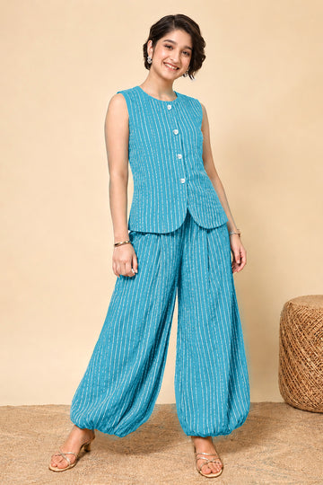 Girls Sky Blue Cotton Striped Top and Ballon Pant Set Trendy Kids Party Set