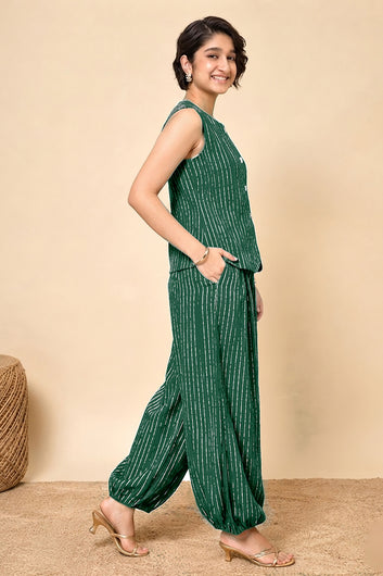Girls Green Cotton Striped Top and Balloon Pant Set Trendy Girls Co Ords Set