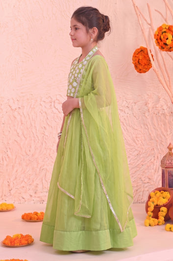 Girls Pista Green Silk Blend Embroidered Lehenga Choli Dupatta Girls Ethnic Festive Wear Set