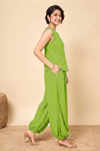 Girls Lime Cotton Striped Top and Balloon Pant Set Trendy Set