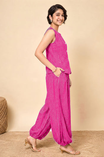Girls Pink Cotton Striped Top and Balloon Pant Set Trendy Kids Casual
