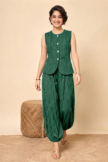 Girls Green Cotton Striped Top and Ballon Pant Set Trendy Girls Co Ords Set