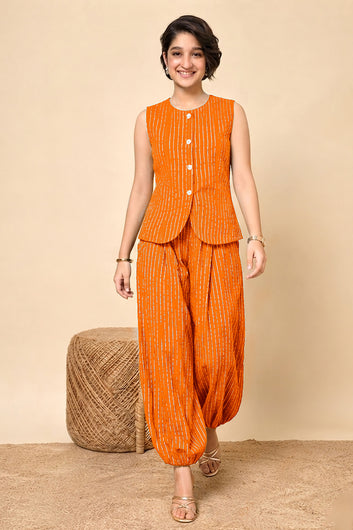 Girls Orange Cotton Striped Top and Balloon Pant Set Trendy Kids Party Set