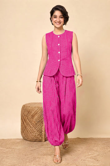 Girls Pink Cotton Striped Top and Balloon Pant Set Trendy Kids Casual