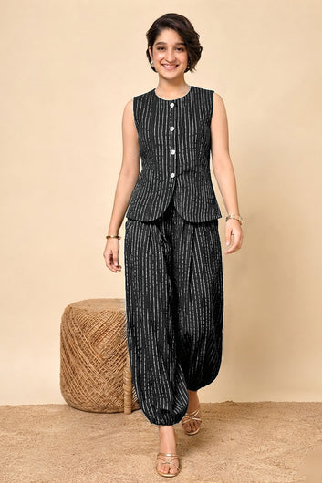 Girls Black Cotton Striped Top and Balloon Pant Set Trendy Girls Apparel Combo