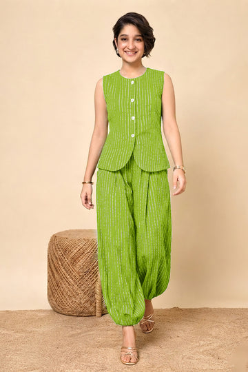 Girls Lime Cotton Striped Top and Balloon Pant Set Trendy Set