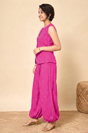 Girls Pink Cotton Striped Top and Balloon Pant Set Trendy Kids Casual