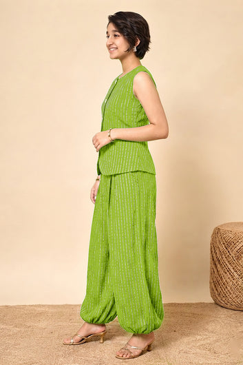 Girls Lime Cotton Striped Top and Balloon Pant Set Trendy Set
