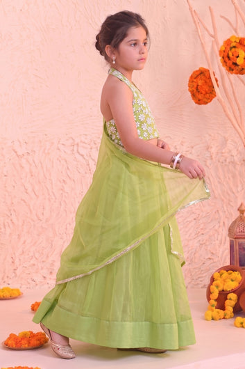Girls Pista Green Silk Blend Embroidered Lehenga Choli Dupatta Girls Ethnic Festive Wear Set