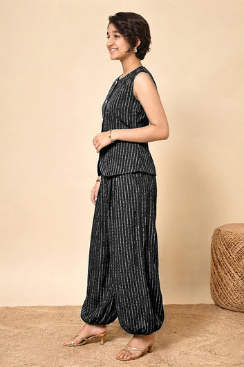 Girls Black Cotton Striped Top and Balloon Pant Set Trendy Girls Apparel Combo