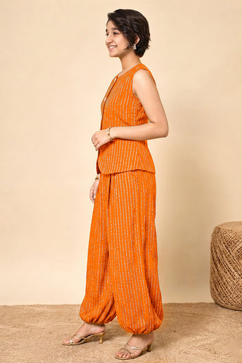 Girls Orange Cotton Striped Top and Balloon Pant Set Trendy Kids Party Set