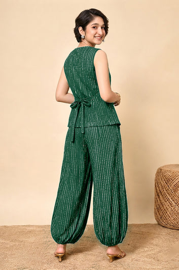 Girls Green Cotton Striped Top and Balloon Pant Set Trendy Girls Co Ords Set