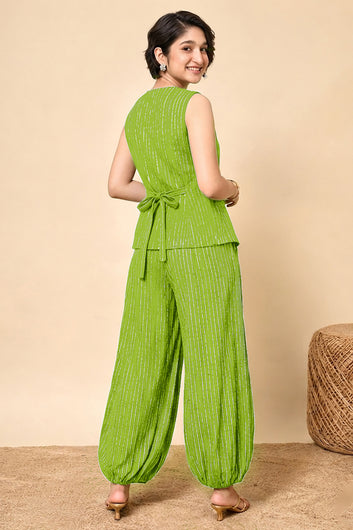 Girls Lime Cotton Striped Top and Balloon Pant Set Trendy Set
