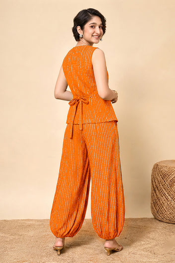 Girls Orange Cotton Striped Top and Balloon Pant Set Trendy Kids Party Set