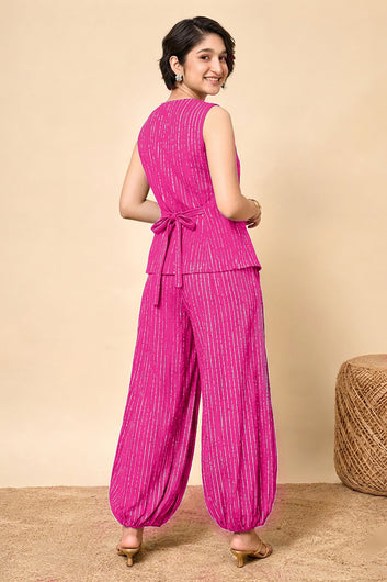 Girls Pink Cotton Striped Top and Balloon Pant Set Trendy Kids Casual