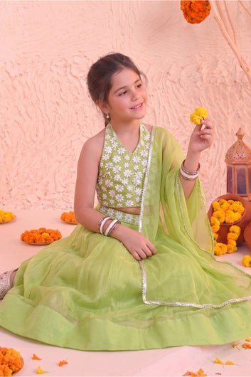 Girls Pista Green Silk Blend Embroidered Lehenga Choli Dupatta Girls Ethnic Festive Wear Set