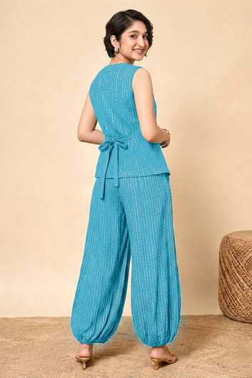 Girls Sky Blue Cotton Striped Top and Balloon Pant Set Trendy Kids Party Set