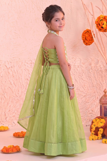 Girls Pista Green Silk Blend Embroidered Lehenga Choli Dupatta Girls Ethnic Festive Wear Set